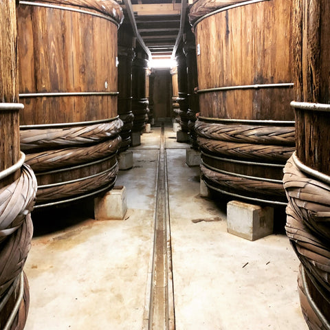 Barrels of soy sauce in the distillery