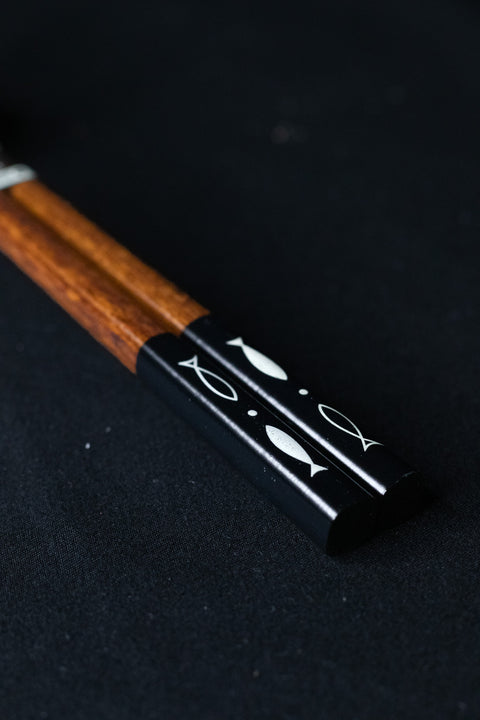 Ishida Wooden Chopsticks Partially Black w/Fish Design 230mm