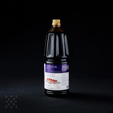 1.8l bottle of Gluten free unagi sauce on a black background