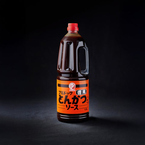 Bottle of Bulldog tonkatsu sauce on a black background