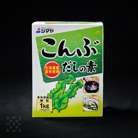 1kg box of kombu dashi powder on a black background