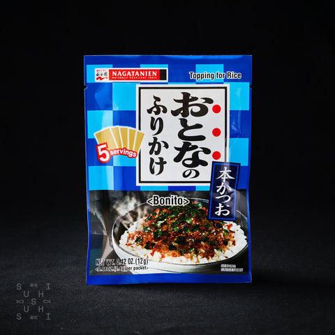 13.5g of Katsuobushi and Nori Furikake on a black background