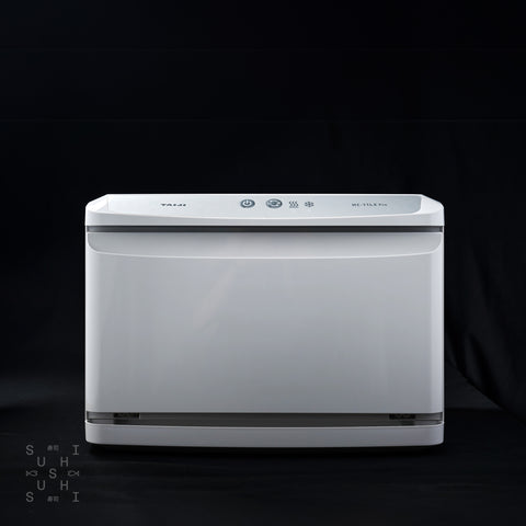 White and grey Taiji HC-11LX Pro Towel Warmer and Cooler on a black background