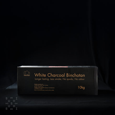 10kg box of binchotan charcoal on a black background