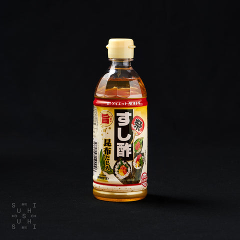 360ml bottle of sushi vinegar with dashi on a black background