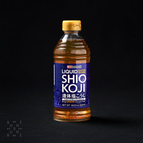 500ml bottle of Liquid Shio Koji on a black background