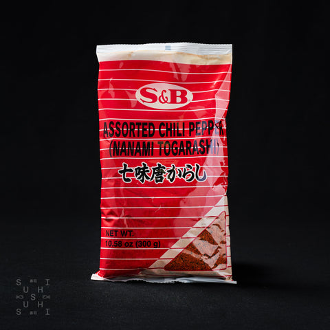 300g bag of Shichimi Togarashi on a black background