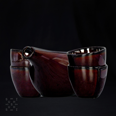 Urushi Lacquered Brown Ceramic Minoware Cold Sakeware Set