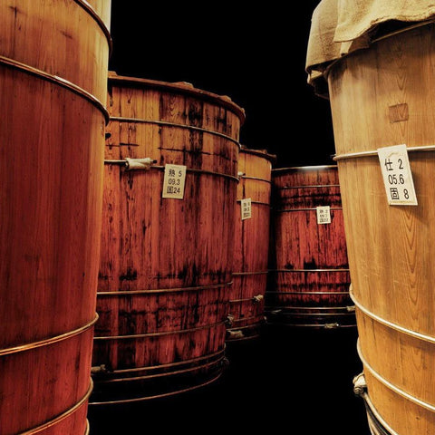 Barrels of rice vinegar on the distillery