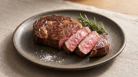 Seared wagyu steak sliced to show marbling