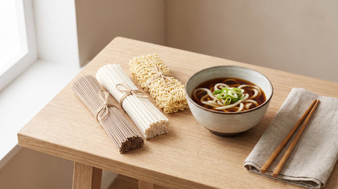 Assorted dried Japanese noodles including soba, udon and ramen with a bowl of noodle soup