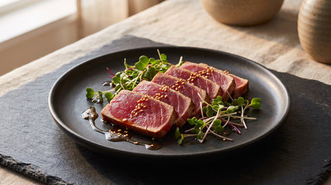 Maguro no tataki, seared tuna slices with a rare centre, editorial food photography