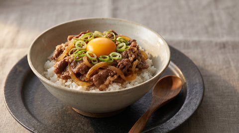 A bowl of gyudon rice topped with simmered beef and onion, editorial food photography