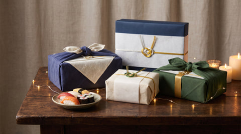 Wrapped Japanese Christmas gift boxes with festive ribbon
