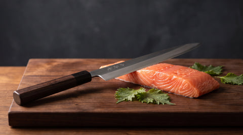Japanese sushi knife beside a fillet of fresh fish