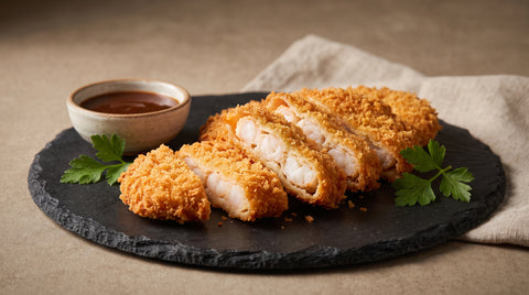 Crispy panko-breaded prawn katsu cutlets, editorial food photography