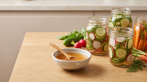 Bowl of golden rice vinegar beside vegetables being pickled