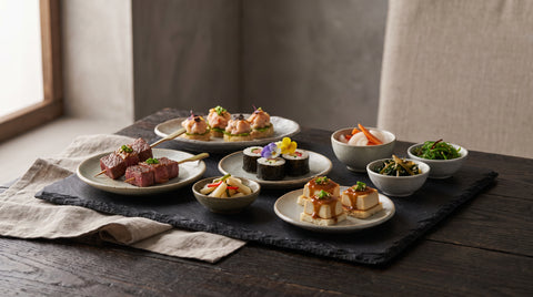 A small elegant spread of Japanese canapes and party bites, editorial food photography