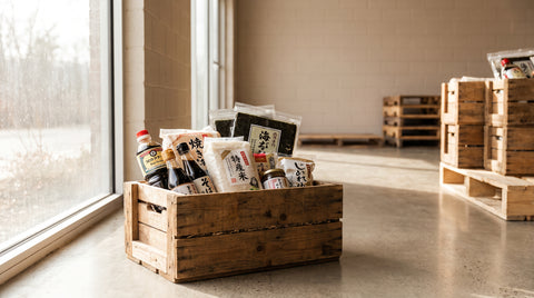 Crate of fresh Japanese pantry products suggesting company growth