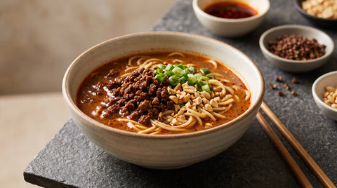 Dandan noodles in a spicy sesame broth, editorial food photography