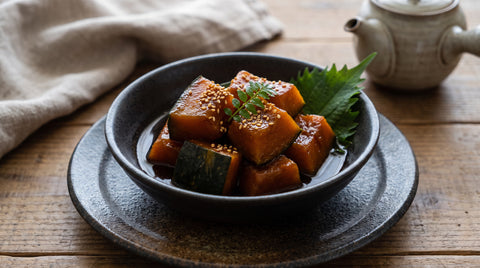 Japanese kabocha pumpkin simmered in savoury-sweet broth