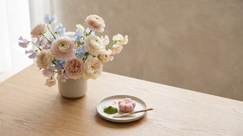Pastel flowers beside a beautifully plated Japanese dessert