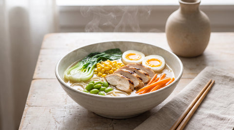 Light healthy bowl of ramen with vegetables