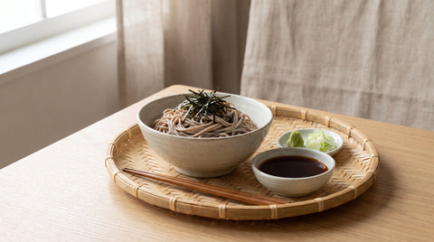 Bowl of chilled zaru soba noodles with dipping sauce