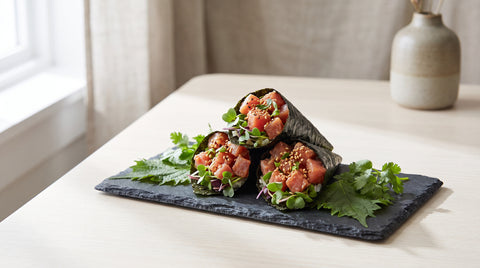 Hand-rolled spicy tuna temaki cones with fresh herbs