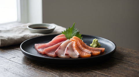 Thinly sliced fresh sashimi arranged in a fan pattern