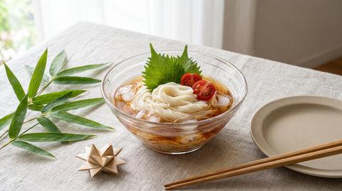 Cold somen noodles served with ice for a summer star festival