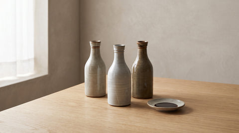 Three Japanese brown sauce bottles beside a dipping dish