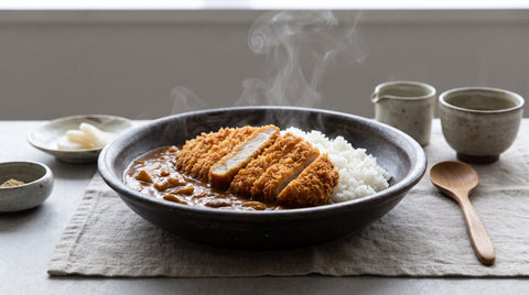 Bowl of Japanese katsu curry with breaded cutlet and rice