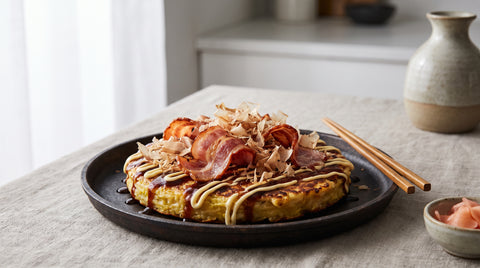 Savoury okonomiyaki pancake topped with bacon and bonito flakes