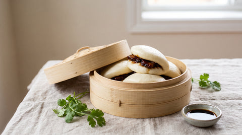 Fluffy steamed Japanese-inspired pork buns in a bamboo steamer