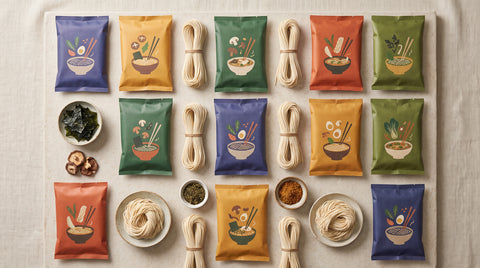 Flat lay of colourful Japanese instant noodle packets
