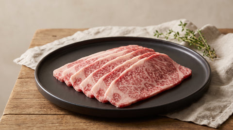 Premium marbled wagyu beef sliced thinly and fanned out, editorial food photography