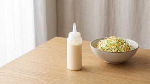 Bottle of creamy Japanese mayonnaise beside a shredded cabbage salad