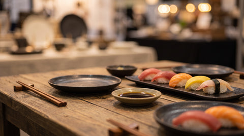 Japanese tableware and nigiri sushi display at a restaurant trade show