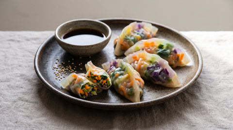 Colourful vegan gyoza dumplings with vegetable filling