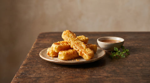 Crispy tempura-battered halloumi cheese sticks, editorial food photography