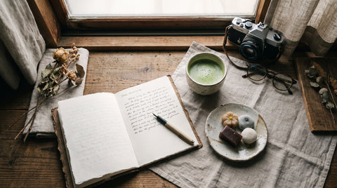 Desk flat lay with journal, matcha tea and a small plate of Japanese snacks