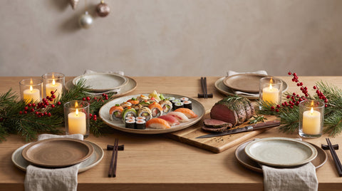 Christmas banquet table with a Japanese twist and sushi platter