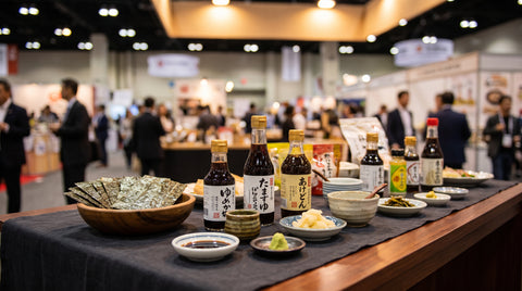 Exhibition table display of Japanese food products at a trade show