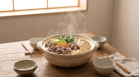 Hearty Japanese-style hot pot nabe simmering with vegetables