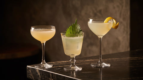 Elegant Japanese-inspired cocktails with shiso and yuzu garnish