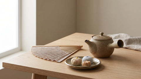 Curated Japanese lifestyle items including a teapot and folding fan