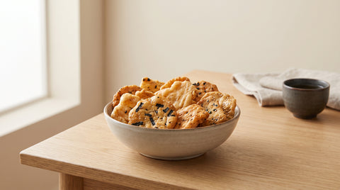 Bowl of crispy Japanese rice crackers senbei