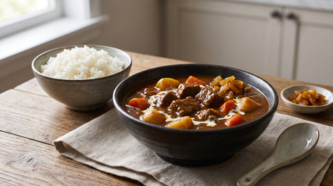 Homemade Japanese curry sauce with vegetables and meat