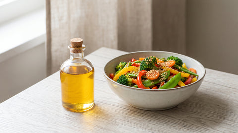 Bottle of golden sesame oil beside stir-fried vegetables